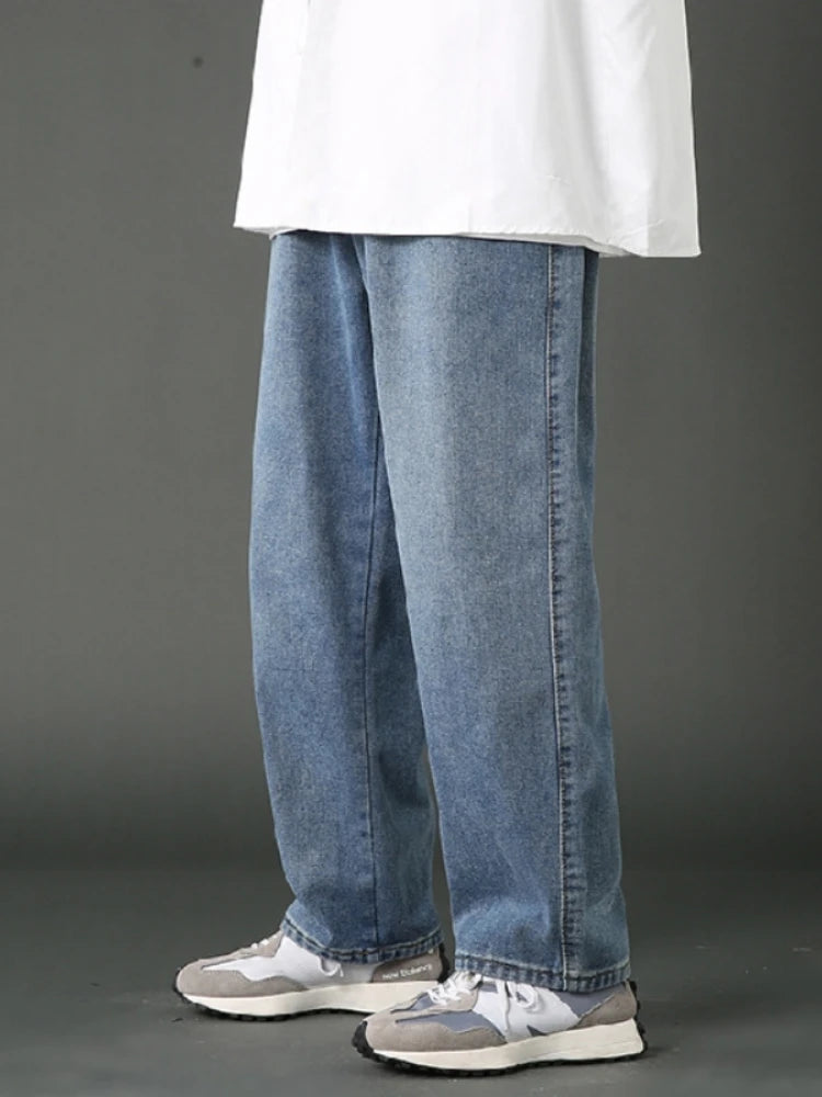 2024 New Men's Fashion Jeans Korean Style Solid Color Loose Straight Wide Leg Casual Denim Long Pants Classic Style Male