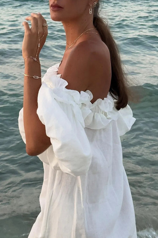 2024 Elegant Ruffles Off Shoulder Midi Dress Women Fashion Puff Sleeve Loose Split Dresses Summer Lady Solid Beach Holiday Robes