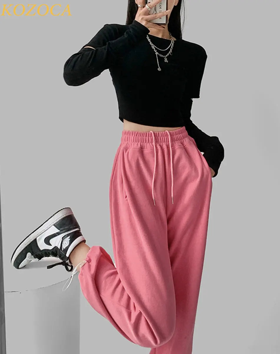 Kozoca Fashion Female Wide-leg High Waist Sweatpants Women Drawstring Loose Casual Sport Pants Trousers Joggers Streetwear Women