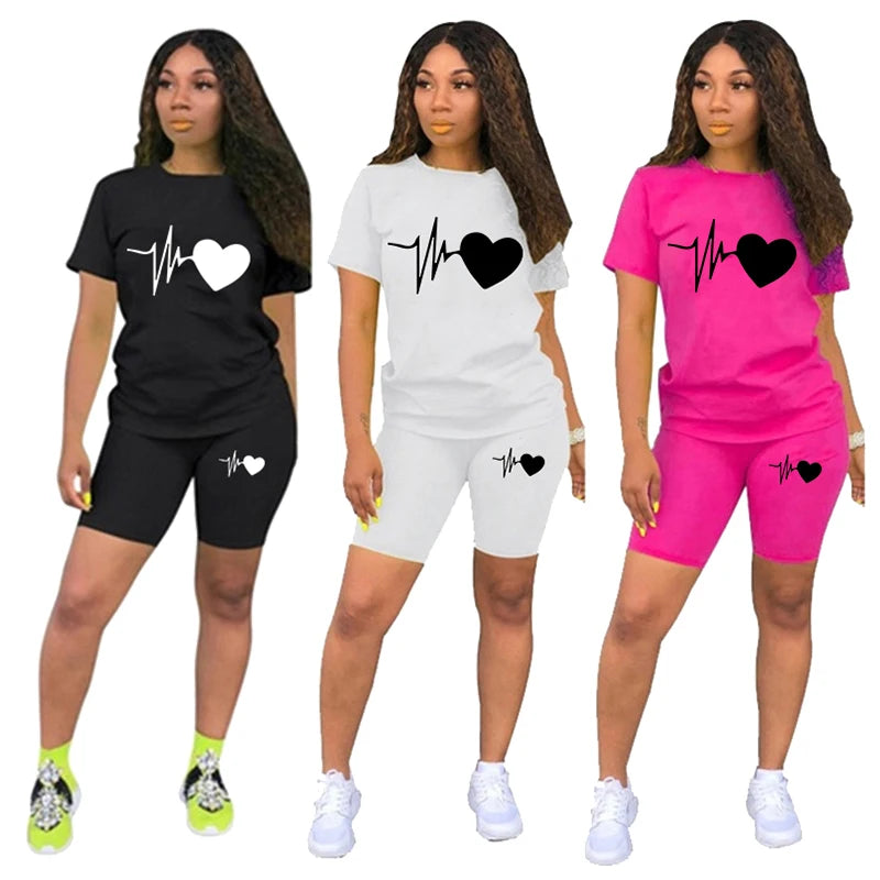 Hot Women Solid Sporting Casual Two Piece Set Short Sleeve Tee Top Biker Shorts Tracksuit Outfits