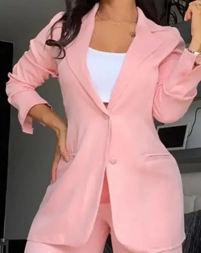 La Costume Elegant Blazer Sets Commuting 2024 Autumn Tracksuit Notched Collar Blazer Coat Pockets Loose Pants Suit for Women