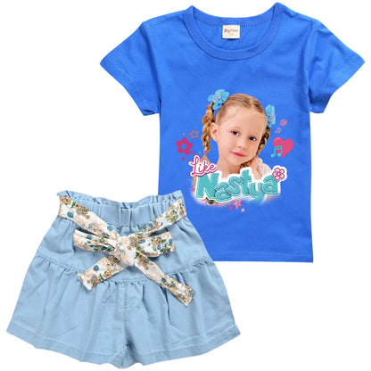 Cute Like Nastya Show Clothes Kids Short Sleeve T-shirt and Big Bow Skirts 2pcs Set Baby Girls Princess Outfits Children's Sets