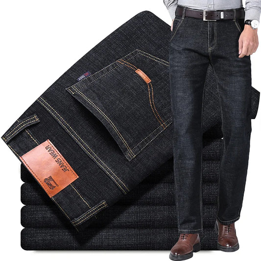 2024 Casual Men Elasticity Straight Denim Jeans Clothing Regular Loose Pants Streetwear Black Blue Business Trousers Plus Size