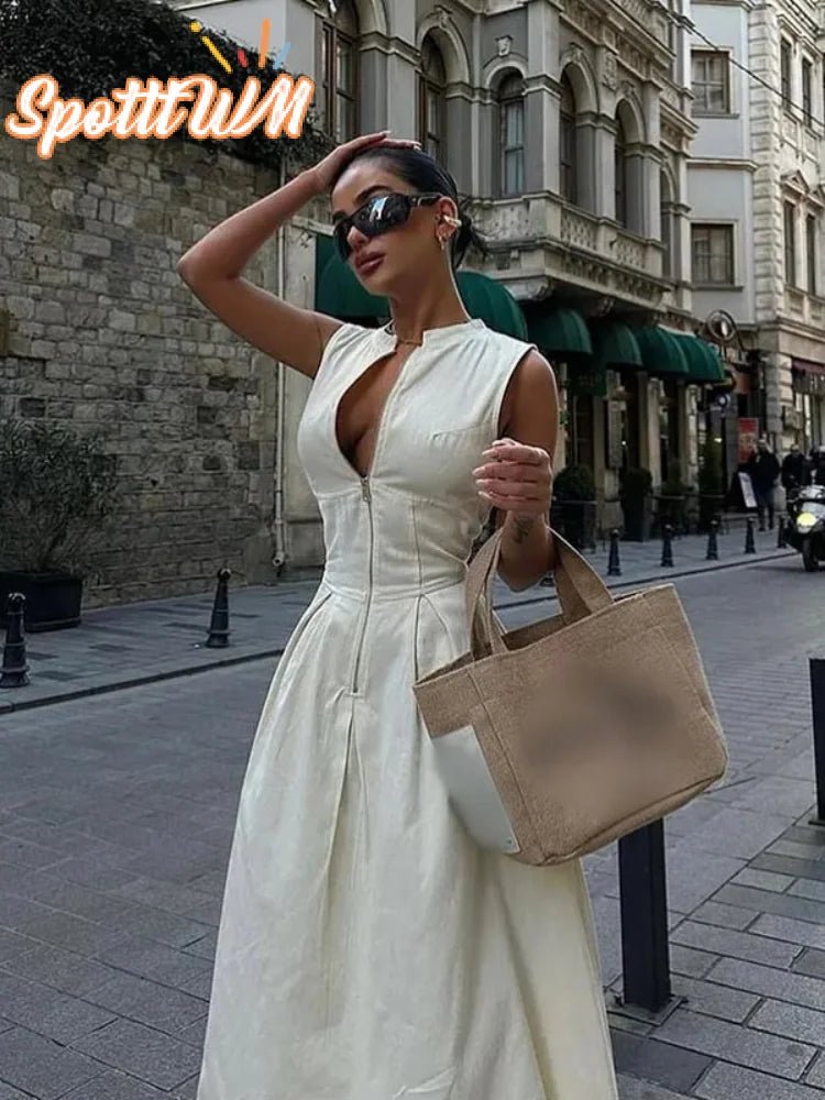 Fashion Sleeveless Spliced Zipper Long Dress Elegant V-neck High Waist Slim Pleated Maxi Dresses Summer Office Lady Street Robes