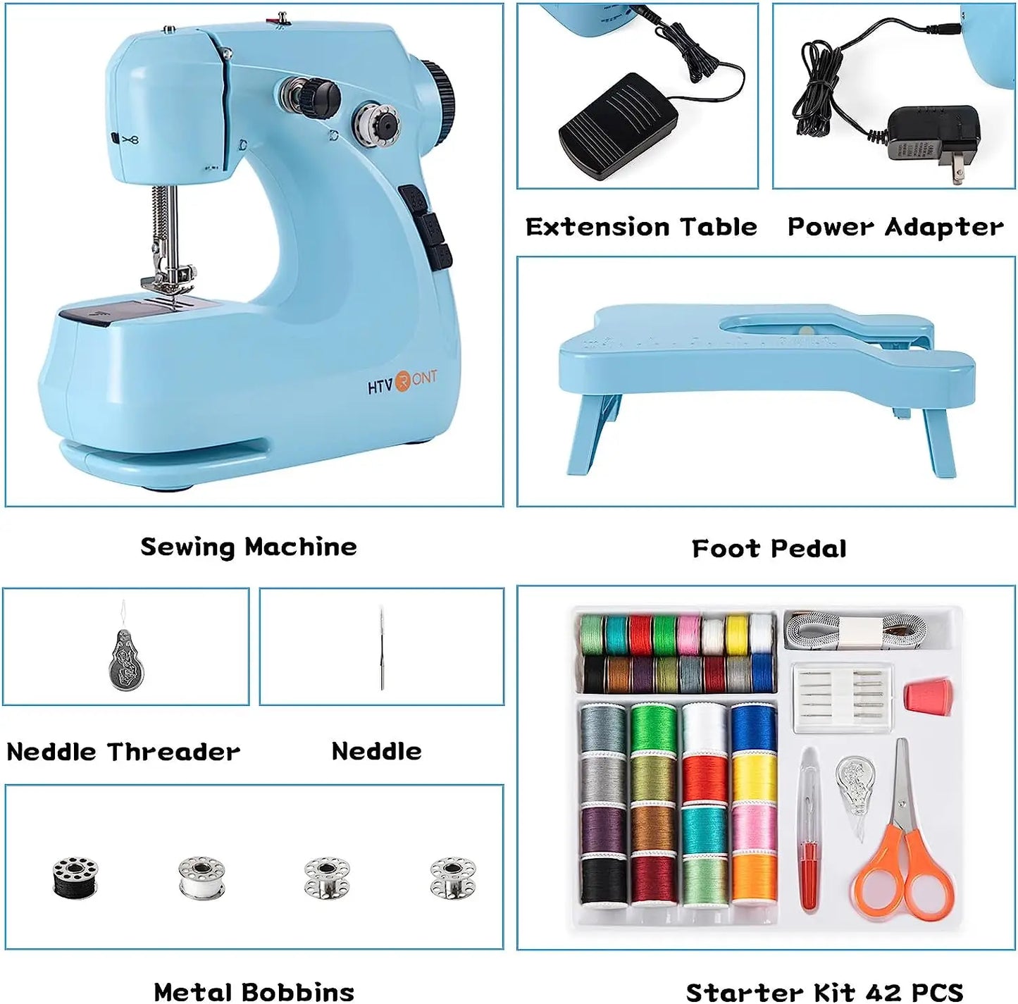 HTVRONT Mini Sewing Machine Electric Dual Speed Portable Sewing Machine with Extension Table, Foot Pedal, Light for Beginners