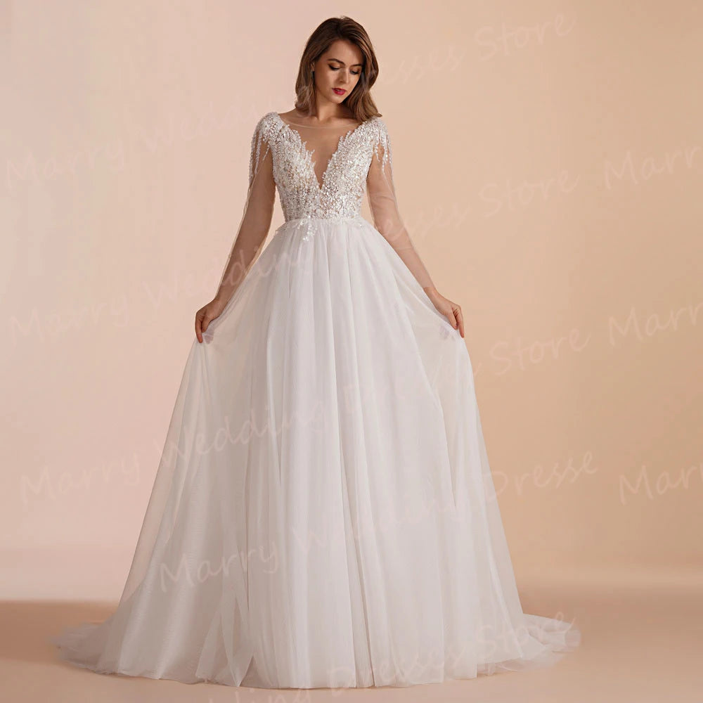 Beautiful A Line Women's Wedding Dresses Modern Lace Appliques Bride Gowns Charming Backless Long Sleeve Vestidos Novias Boda