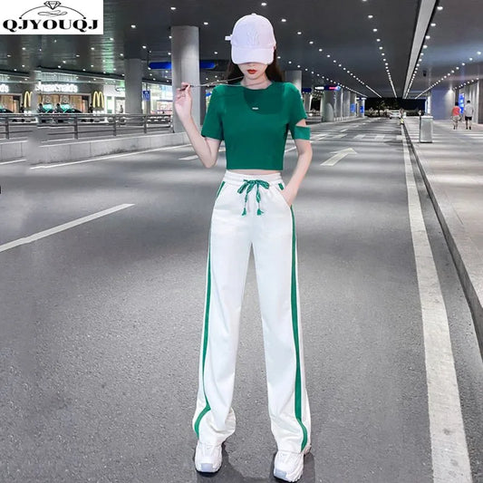 Fashion slim fit short sleeved sports set 2024 spring/summer Korean version new women's set two-piece set