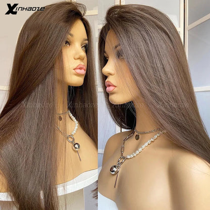 Chocolate Brown 5x5 Silk Top Closure Human Hair Wigs #4 Dark Brown Colored Straight 13x4 Lace Frontal Wig For Women 180% Density