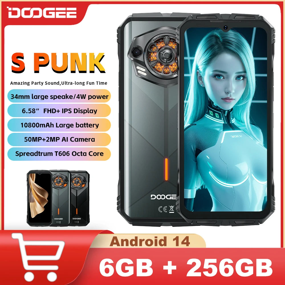 DOOGEE S PUNK Rugged Phone 34mm speake 6GB+256GB 6.58”FHD+ Display 10800mAh Battery 33W Fast Charging 50MP Smartphone Android