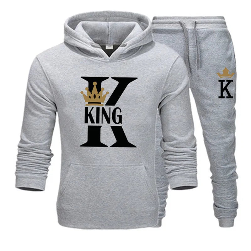 2024 New Autumn and Winter Men's and Women's Sweater Set KING QUEEN Loose Relaxed Hooded Print Couple Set