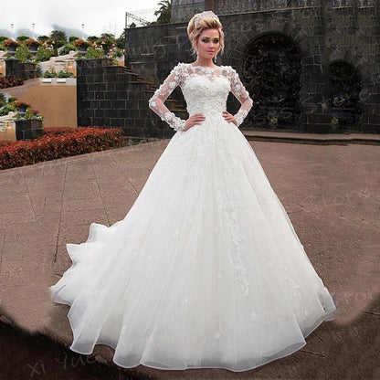 Luxurious Exquisite A Line Women's Wedding Dresses Graceful Lace Appliques Bride Gowns Long Sleeve Princess Vestido De Noivas