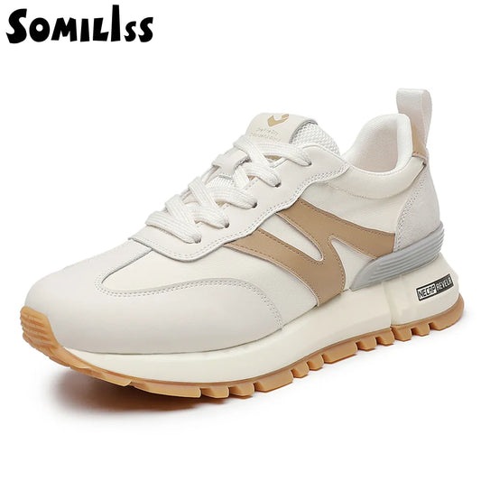 SOMILISS Genuine Leather Women Sneakers Lace-Up Round Toe Suede Leather Patchwork Ladies Casual Sneakers Designer Brand Shoes