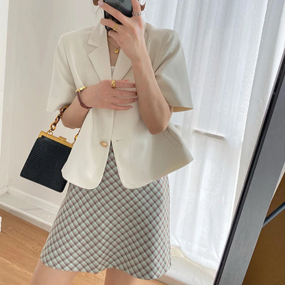 Women Suit Jacket Solid Casual Loose Short Sleeve Button Female Coat Korean New Office Commuter V Neck All Match Ladies Jacket