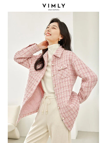 Vimly Winter Pink Tweed Quilted Jackets Women 2023 Straight Thick Single Breasted Long Sleeve Overshirts Female Clothing M3599