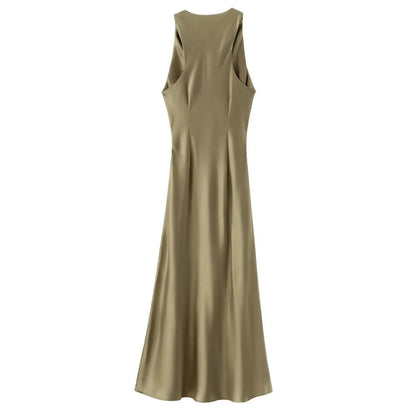 Summer Satin Ruched Dress Women Sleeveless Slim Midi Army Green Dresses