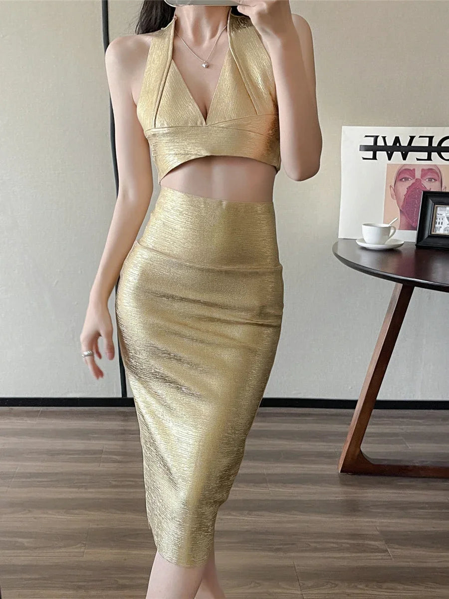 Gold Metallic Two Piece Set Bandage Dress Women Summer New Sexy Halter Crop Top High Waist Skirt Suit Fashion Slim Outfit BA5722