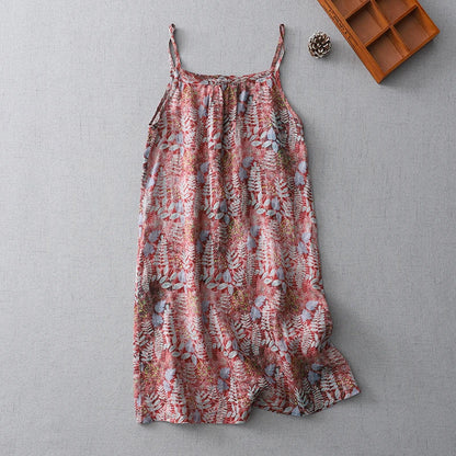 Vintage Women Summer Cotton Linen Spaghetti Strap Print Long Dress Casual Loose Sleeveless Thin Sundress X1371