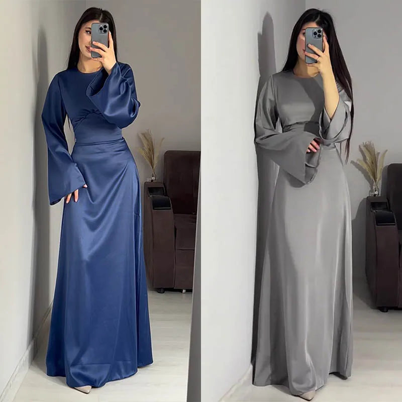 2024 Women Satin Long Dresses Sexy Lace Up Slim Evening Dresses Simple Round Neck Flare Sleeve Birthday Party Dresses For Women