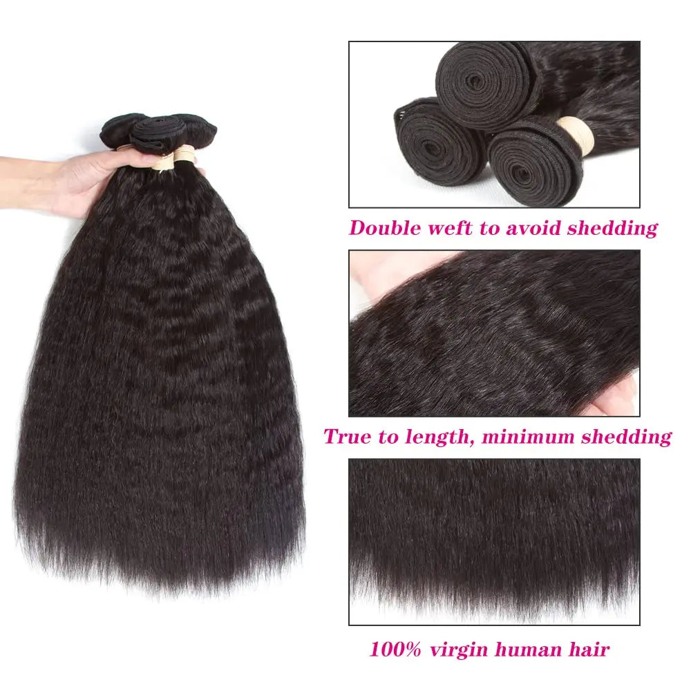 32" Peruvian Kinky Straight Remy Human Hair Bundles - Luxurious Soft Yaki Weave, 100% Authentic Hair Extensions