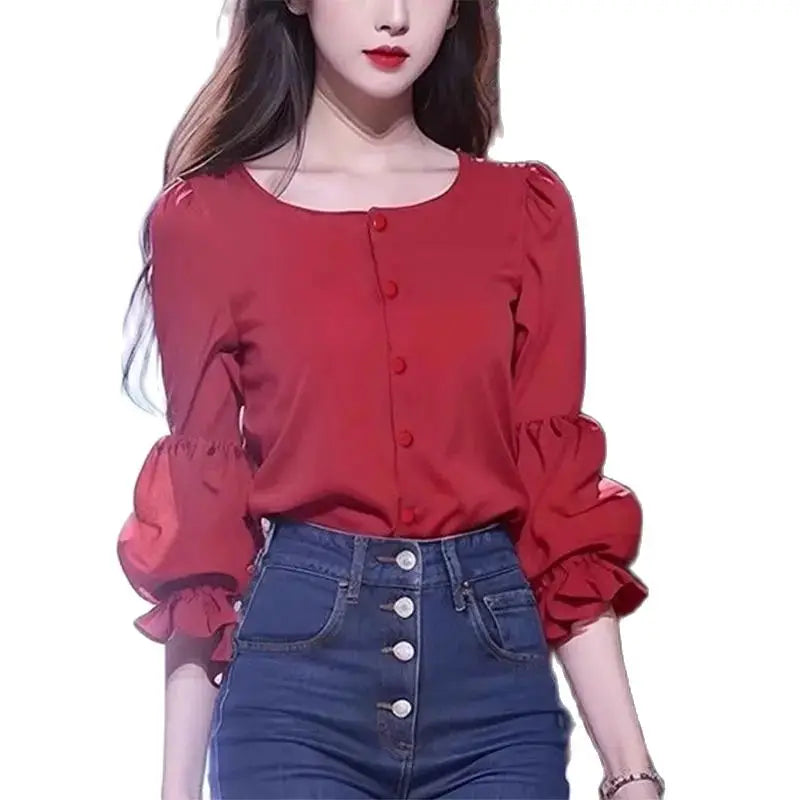 Korea Stylish Summer Solid Shirt Elegant Women Work Blouse  O Neck Sleeve Tops Casual Buttons Down