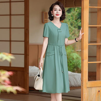 Vintage Short Sleeve Midi A-Line Dress Women Summer FashionShort Sleeve Lacing Pockets Casual Dresses Office Lady Vestidos