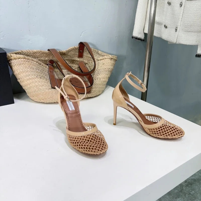 New hollow mesh ultra-high heel sandals, round toe sexy and beautiful side hollow slim heel women's shoes