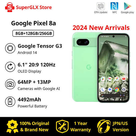 Original New Google Pixel 8A 5G Smartphone 8GB RAM 128GB/256GB 6.1" 64MP AI-mazing Pixel Camera NFC Android 14 IP67 Pixel 8a