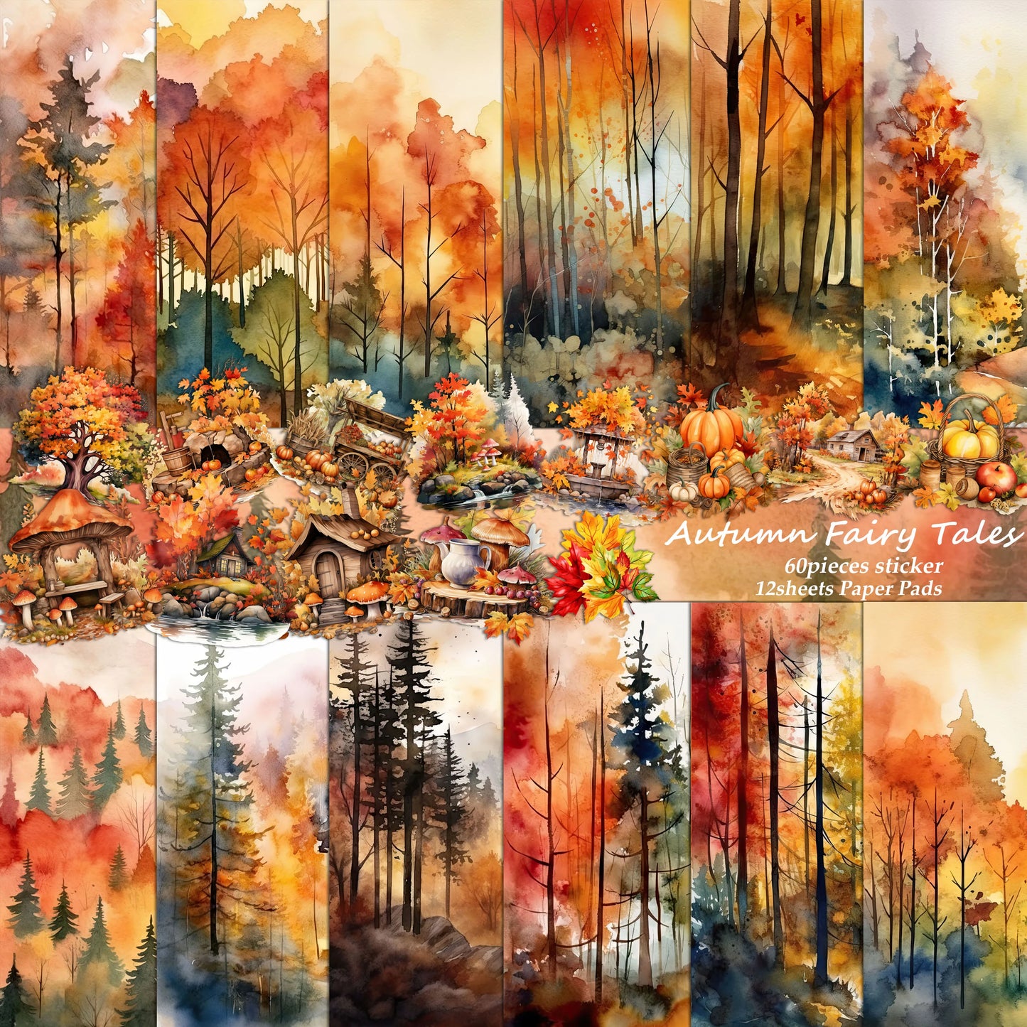 72pieces(12papers+60stickers) Autumn Forest Junk Journal Set,Perfect for Journal Supplies,Arts Crafts,Scrapbooking Supplies