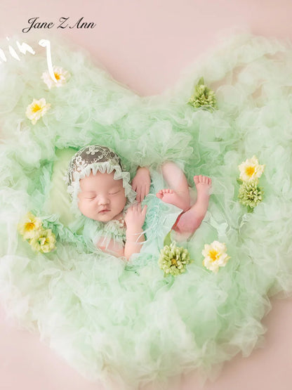 Newborn baby girl green spring series costume lace hat/headwear+mesh princess dress+pillow easy posing photo props