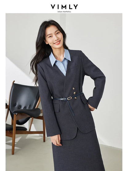 Vimly 2024 Spring Outfits Blazer Skirt 2 Pieces Sets for Women Elegant Fashion Matching Sets Jacket Split Skirt Suit with Belt