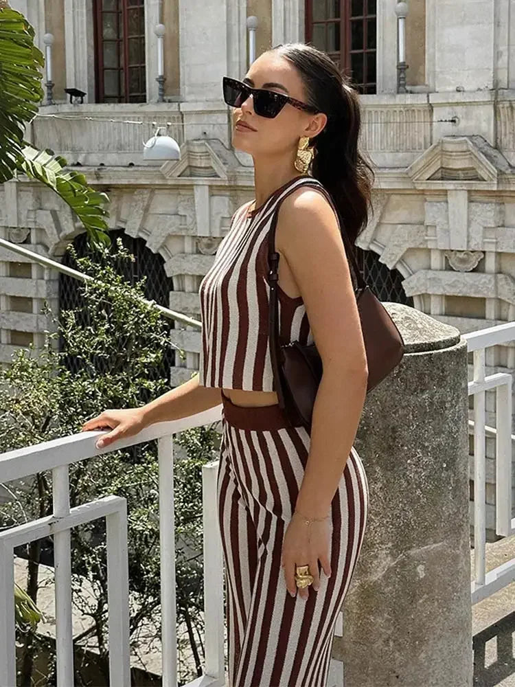 Fashion Knitted Stripe Sleeveless Suits Women Tank Top Wide Leg Pants Two-piece Set 2024 Summer Causal Ladies Commuting Outfits