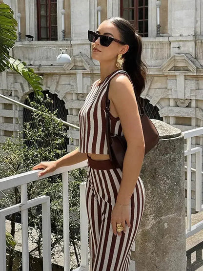 Fashion Knitted Stripe Sleeveless Suits Women Tank Top Wide Leg Pants Two-piece Set 2024 Summer Causal Ladies Commuting Outfits