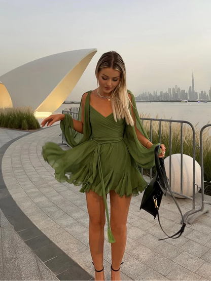 Elegant Female Solid Mesh Mini Dress Sexy Deep V Neck Backless Lace Up Long Sleeved Short Dresses Summer Chic Lady Pleated Skirt