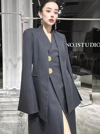 SuperAen 2023 Winter New Korean Dark Stripe V-Neck Split Dress Paired with A Fashionable Two Piece Suit Coat