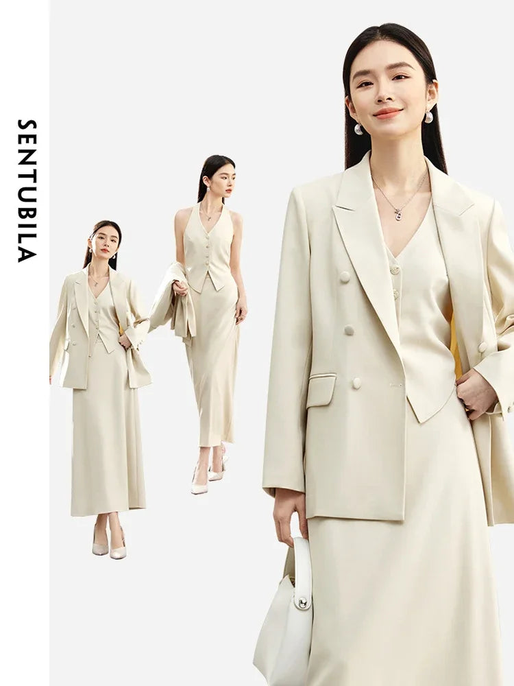 SENTUBILA 3 Piece Blazer Skirt Suit Women Outfits 2024 Spring Office Work Wear Waistcoat Maxi Skirt Lady Matching Set 141Z52979