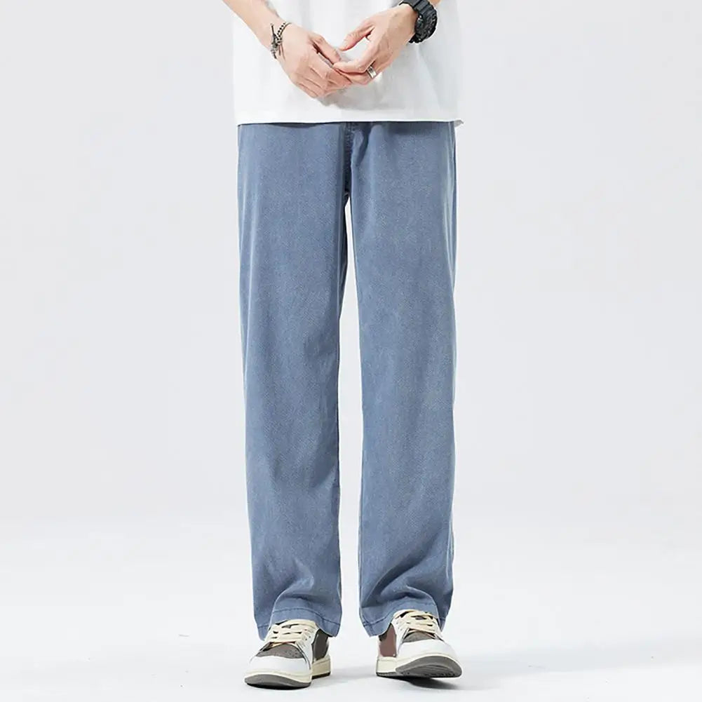 Ultra Thin Baggy Jeans Men's Summer Soft Breathable Straight Trousers Elastic Waist Casual Blue Gray Wide Pants Ice Silk Trouser