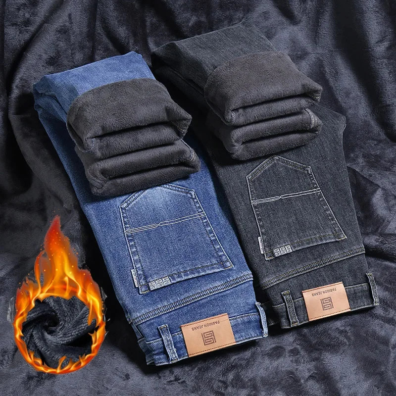 Winter Casual Men Warm Fleece Straight Jeans Classic Style Plus Size Denim Trousers Blue Plush Baggy Pants Male Brand Clothing