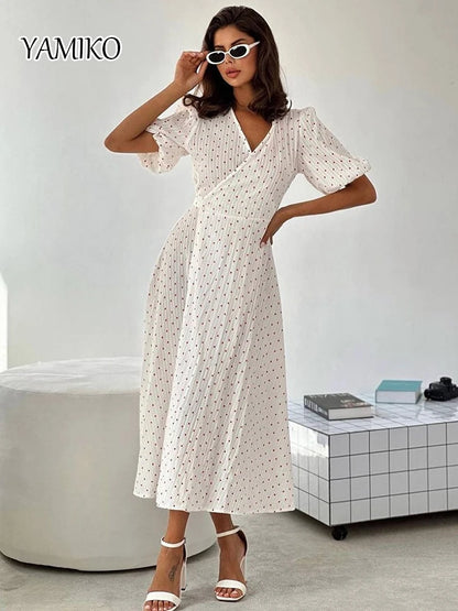 KAMIKO Cotton Heart Printing Lace-Up Dress Women Puff Sleeves V-Neck Midi Dresses Summer 2024 Boho Beach Print Dress Holiday