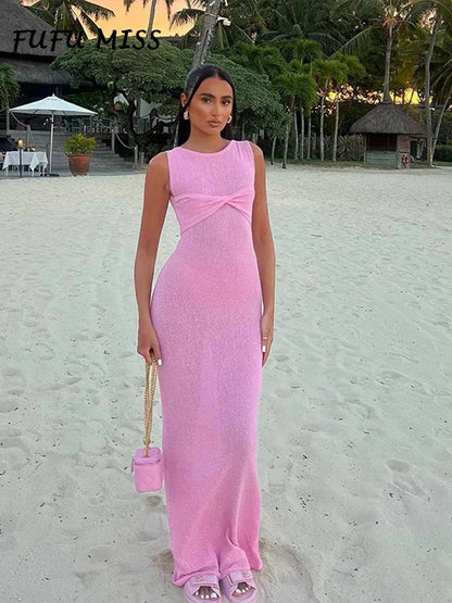 Knitted Long Dress Women O-neck Sleeveless Bow Slim Hip Package Dresses 2024 Summer Beach Solid High Waist Streetwear Robe