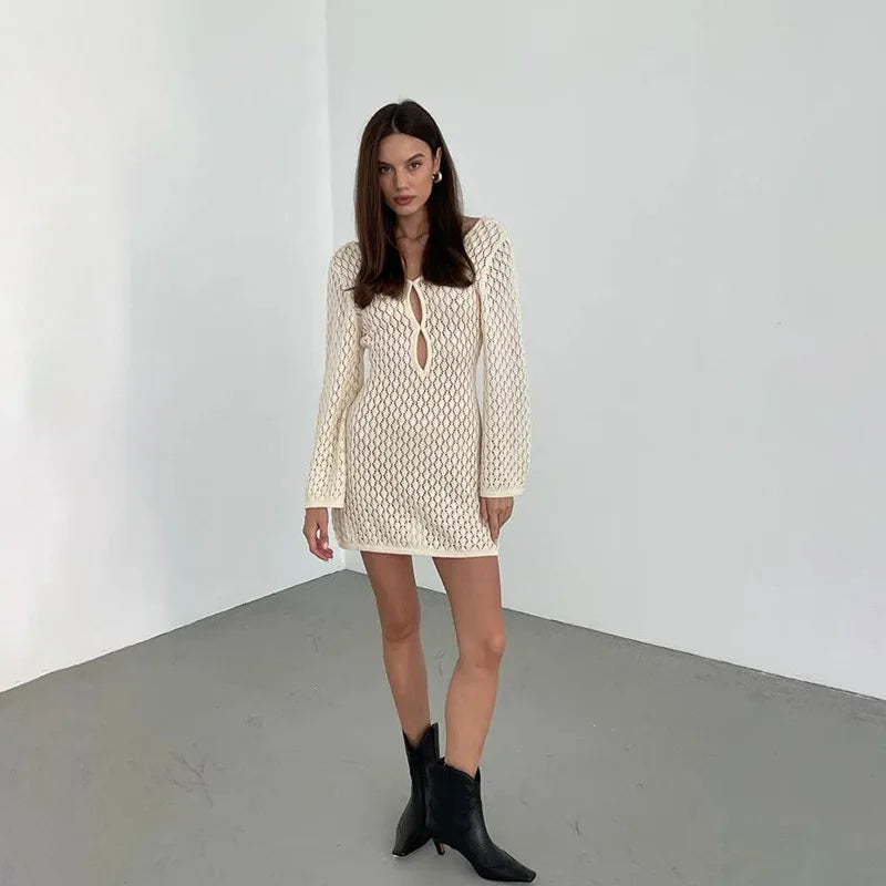 Beige Knitted Hollow Out Mini Dress Women Long Sleeve Backless Slim Summer Beach Dress Female Fashion Sexy Cover-Ups 2024