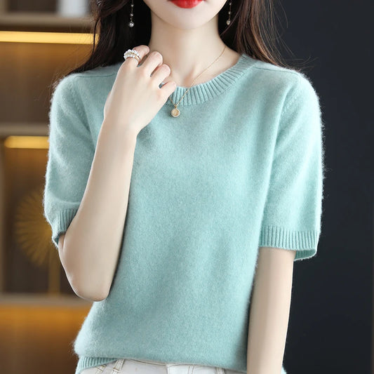 Hot Sale 100% Wool Women's Sweaters And Pullovers Autumn Female O-Neck Cashmere Clothing Short SLeeve Soft Jumper Tops Spring