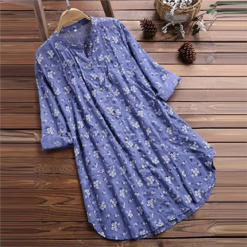 Elegant Long Shirt Cotton Linen Women Fashion Floral Print Loose Blouses And Tops Spring Autumn Full Sleeve Shirts Femme