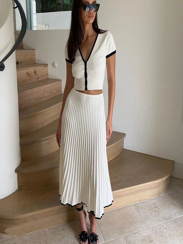 2024 Summer Women White long Skirt Suit Short Sleeve V-neck crop top pleated set elegant dress 2 piece skirt set Plus Size S-3XL