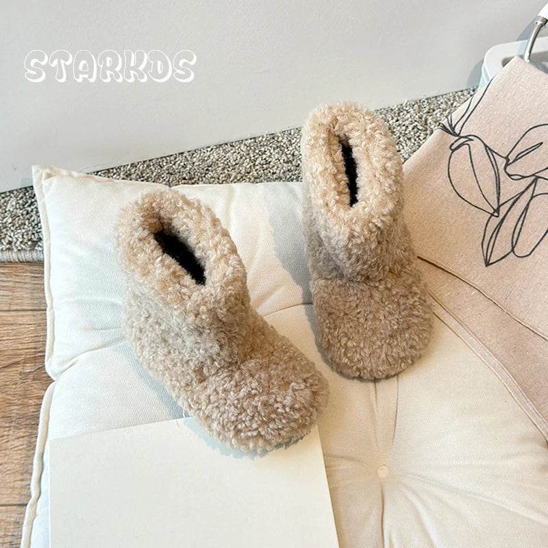 Luxury Thick Teddy Fur Boots Baby Girl Fluffy Warm Plush Booties Toddler Child Winter Brand Design Round Toe Slip-on Cotton Shoe