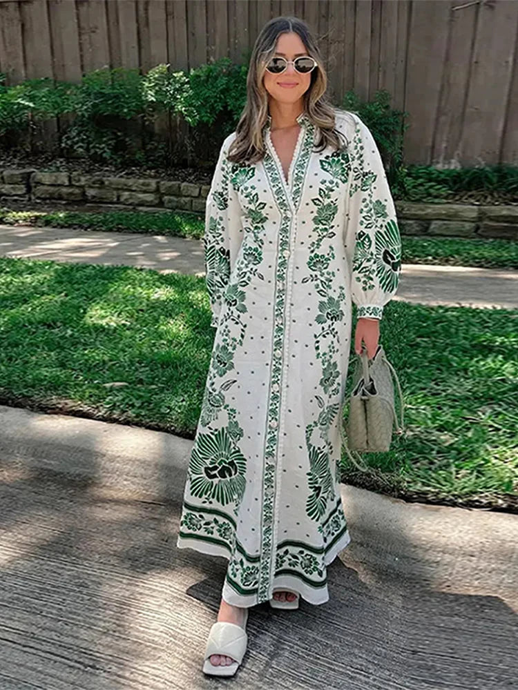 Print Maxi Dress Women Elegant Single Breast Lapel Long Lantern Sleeve Female Long Robes 2024 New Beach Vocation Vestido فستان