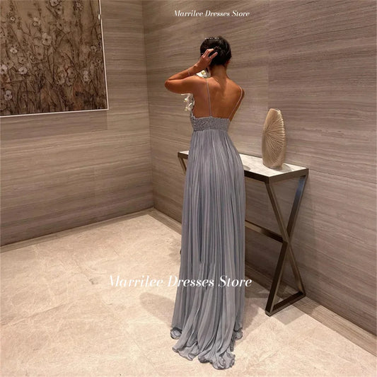 Marrilee Charming Sequins Spaghetti Straps Chiffon Evening Dress Sweetheart Backless Pleated Sleeveless Floor Length Prom Gowns