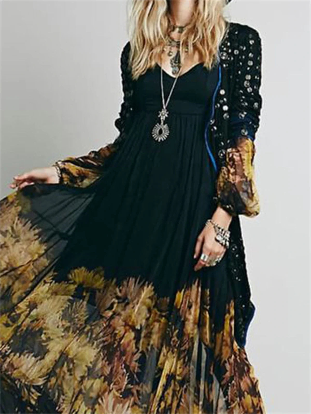 Summer Fashion Dresses Elegant Long Sleeve Floral Pleated Asymmetric Hem Maxi Dress Midi Sundress Bohemian Floral Holiday Robe