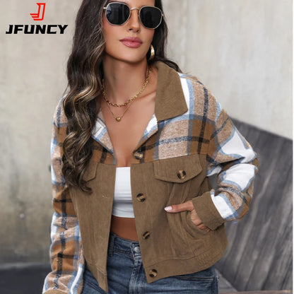 JFUNCY 2024 Spring Women Jackets Women's Thin Coat Turn Down Collar Plaid Blazer Casual Jacket Woman Coats Female Tops Clothing