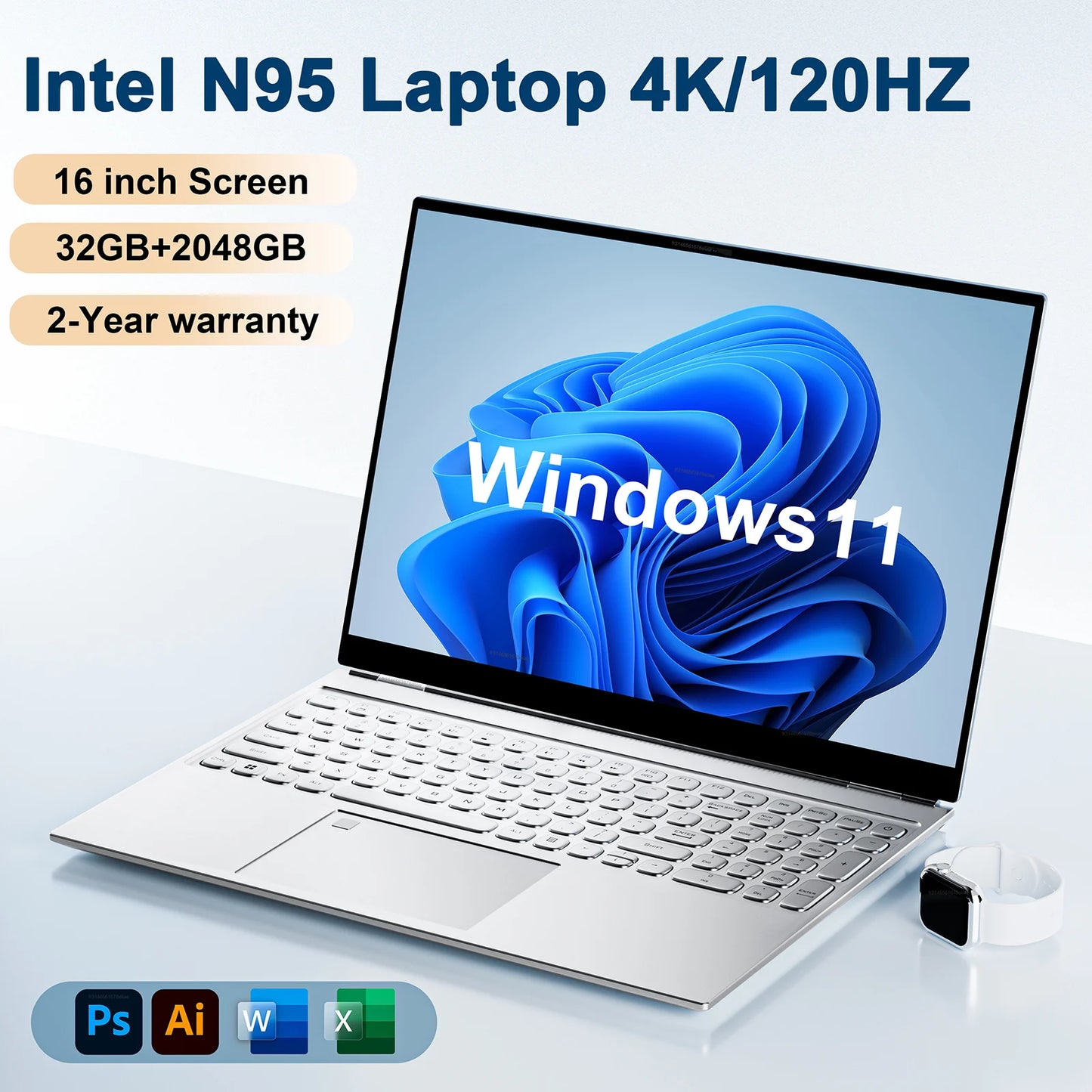 NEW 16'' Laptop Intel N95 4K HD 120HZ Display 32GB+2TB Windows 11 Pro Office Gaming Notebook Computer Fingerprint Unlock PC