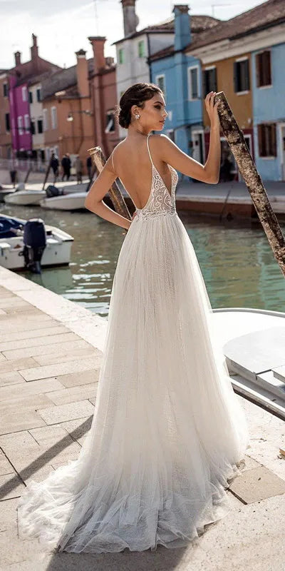 Sexy Beach Wedding Dress Vestido de noiva Side Split  Lace Tulle Bohemian Bridal Dress Sleeveless Spaghetti Straps Wedding Gowns